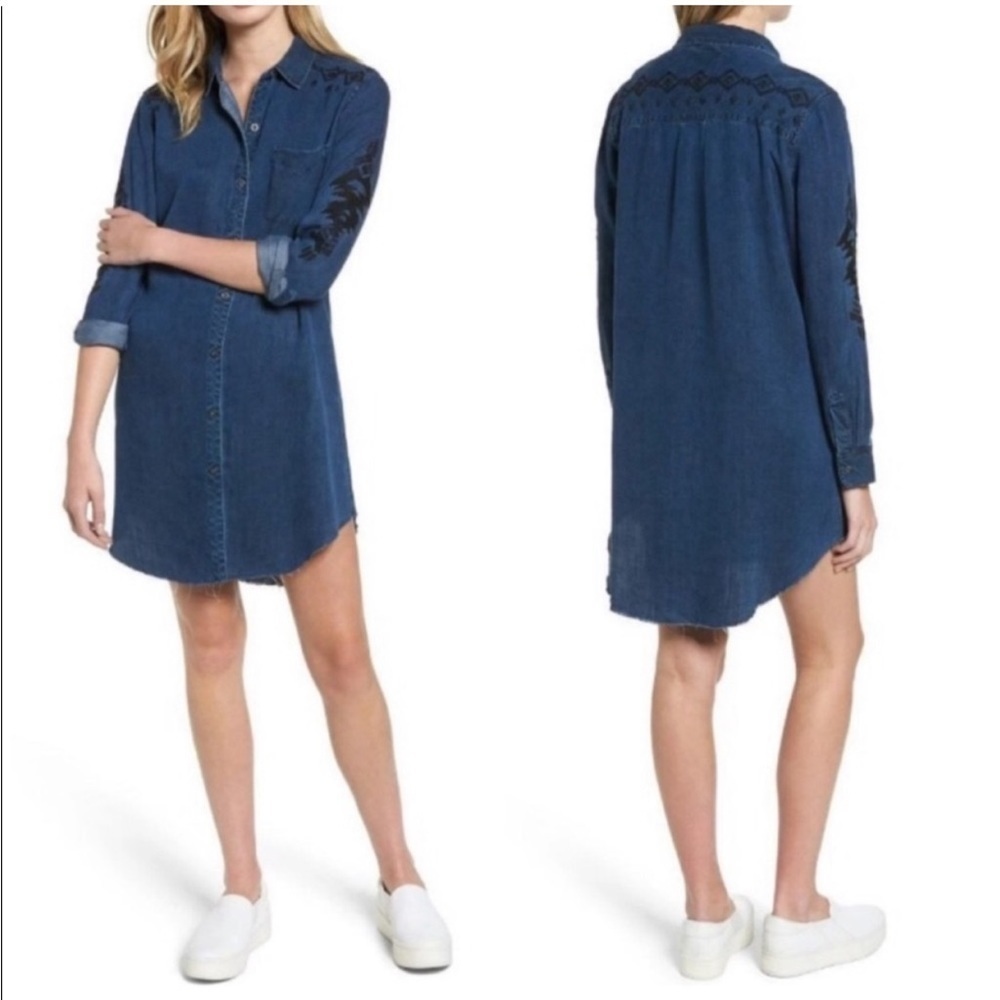Rails Ashland Chambray Shirtdress In Dark Vintage Embroidered Dress Raw Hem Blue